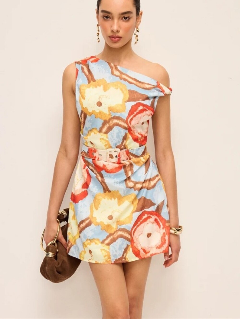 Asymmetric Neck Belted Print Dress